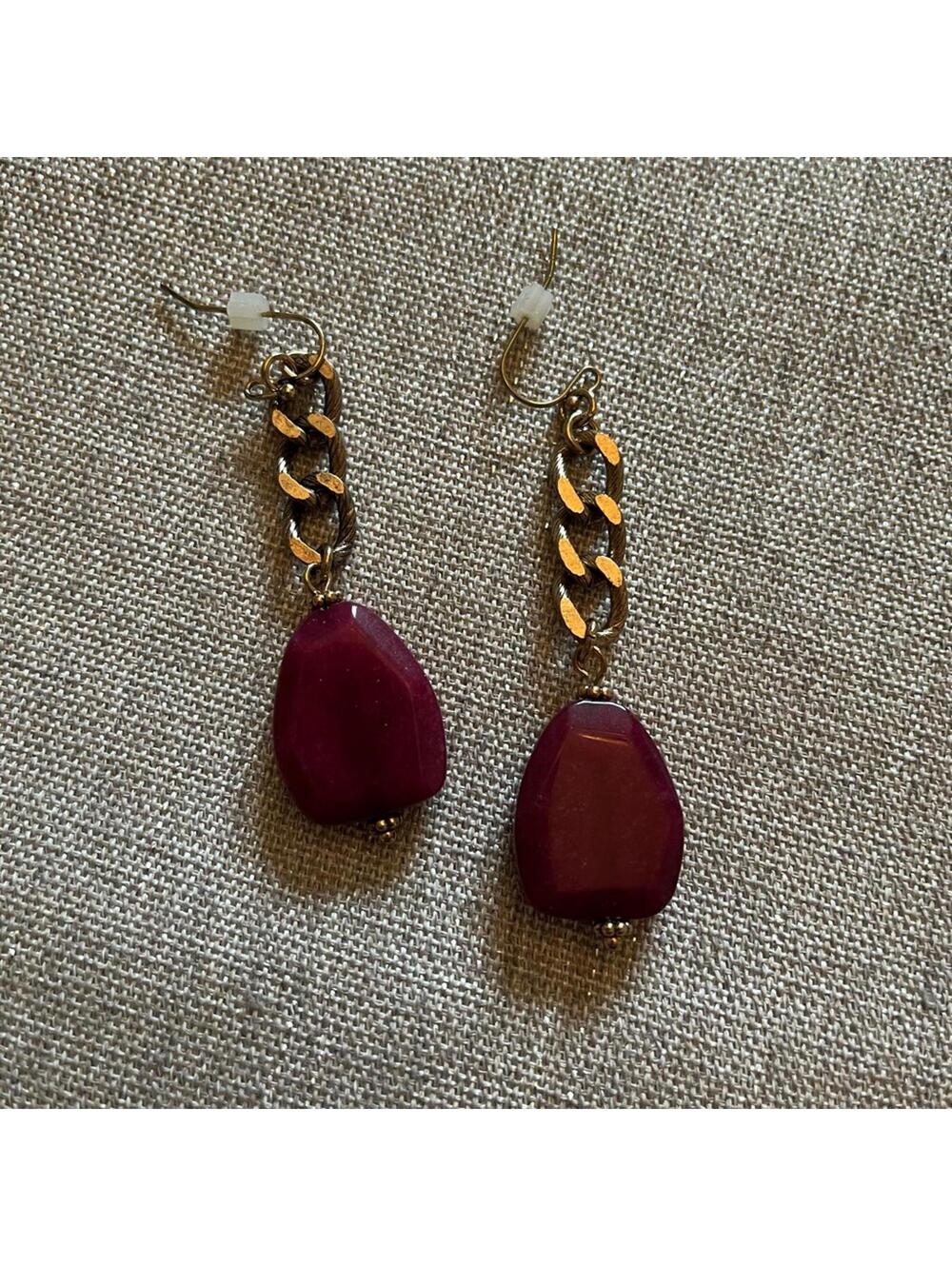 Chico's Gold Chain with purple-red stone Drop Earrings